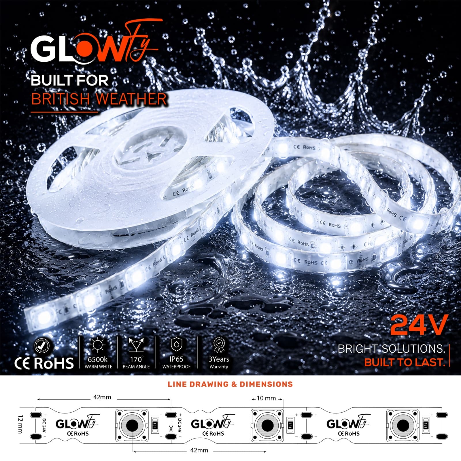 Glowfy 24V IP65 LED strip for outdoor light boxes and fret-cut signs